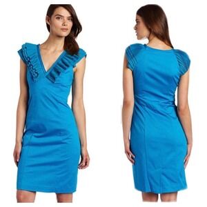 Ted Baker London Blue Pleated Ruffle V-Neck Sheath Dress Size 3 US 8-10 GDC4
